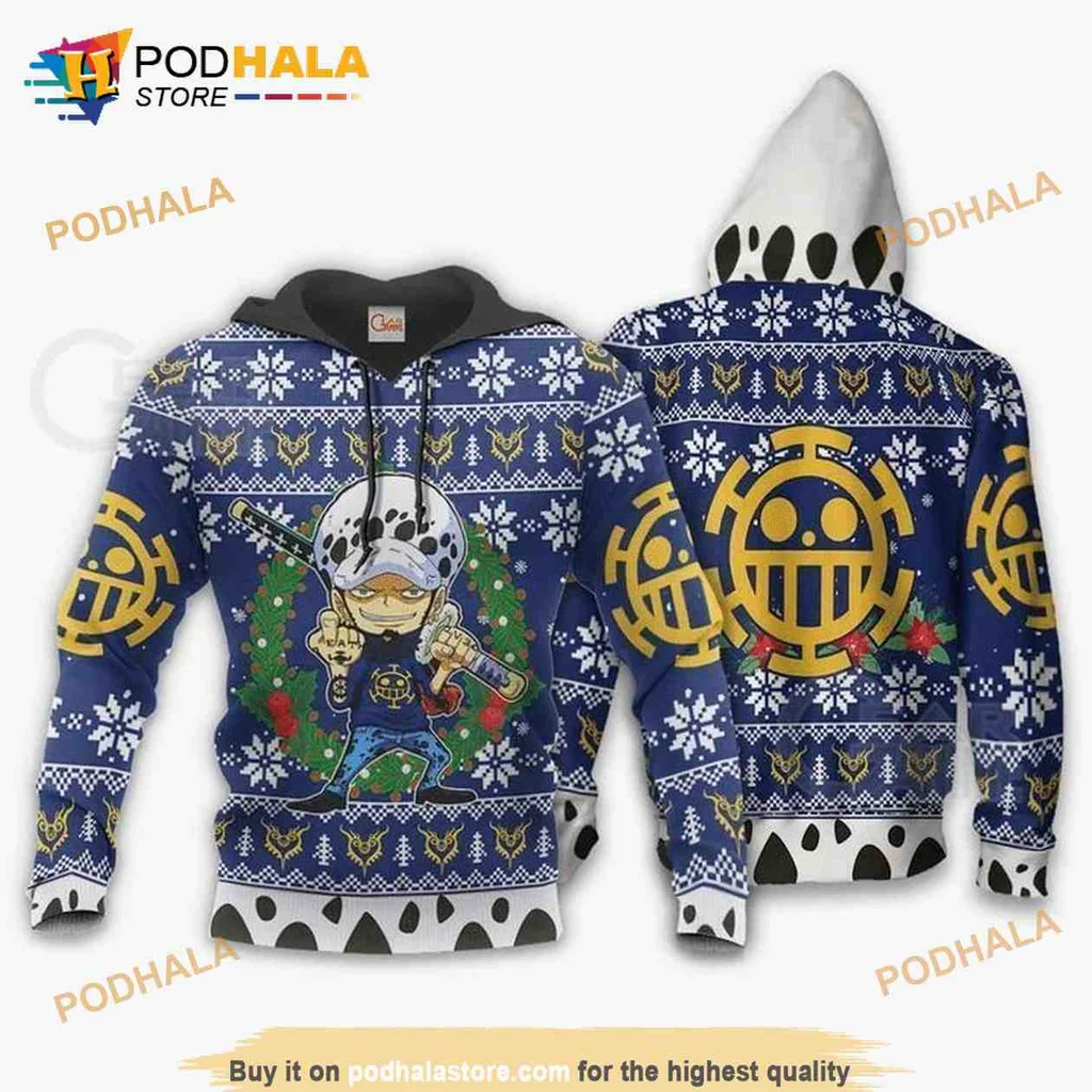 Festive Trafalgar Law 3d Hoodie With Christmas Design And Santa Hat