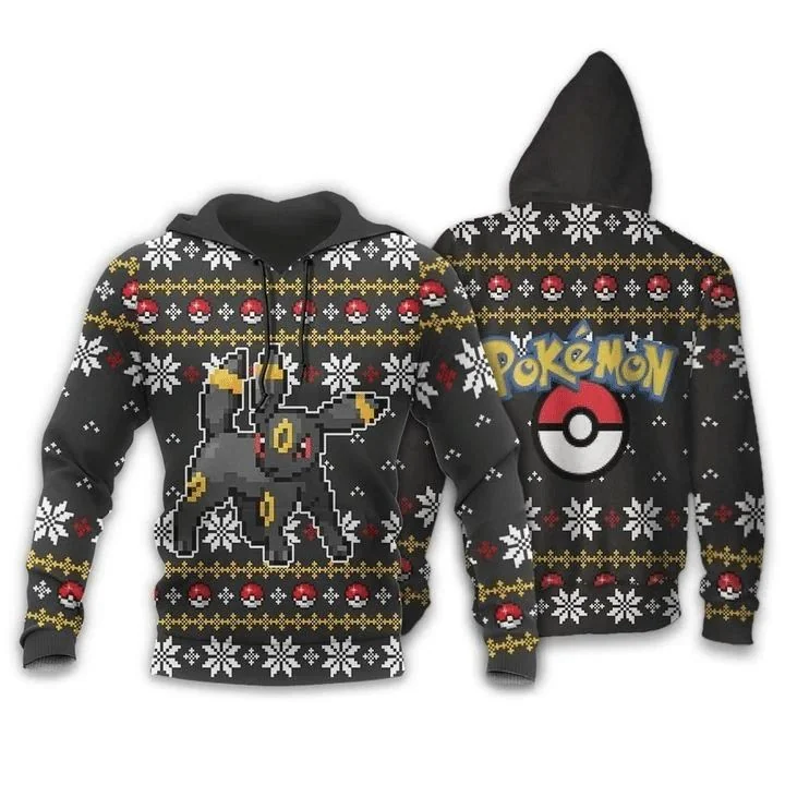 Festive Umbreon Pixel Art 3d Hoodie With Christmas Snowflakes And Poké Balls