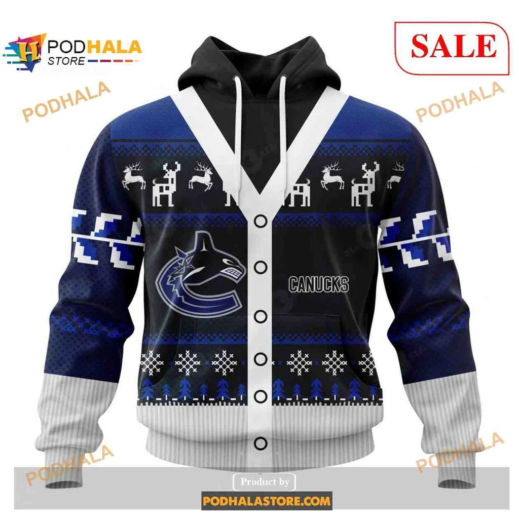 Festive Vancouver Canucks 3d Hoodie With Holiday Reindeer And Snowflakes Design
