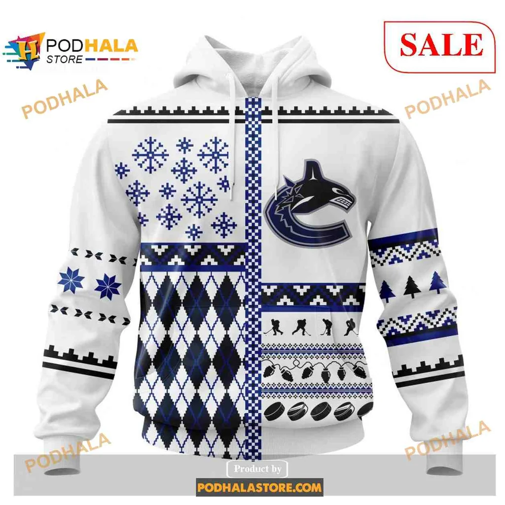 Festive Vancouver Canucks 3d Hoodie With Holiday Snowflakes And Logo