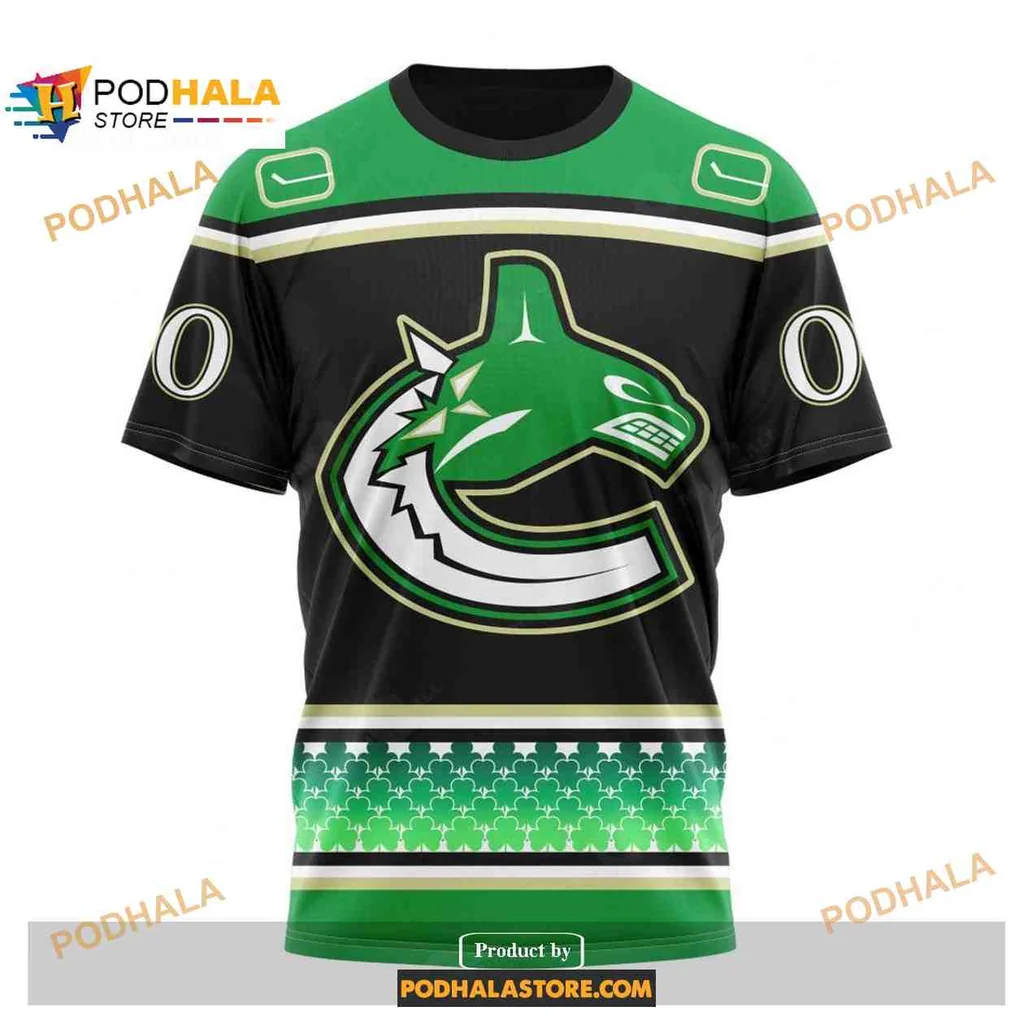 Festive Vancouver Canucks AOP Hoodie With Orca Whale And Shamrock Design Festive Vancouver Canucks AOP Hoodie With Orca Whale And Shamrock Design