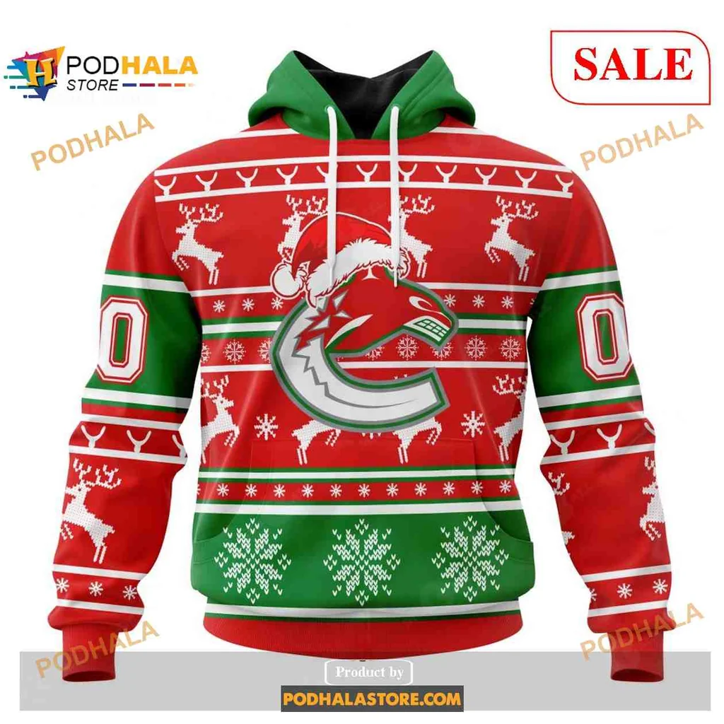 Festive Vancouver Canucks 3d Hoodie With Santa Hat And Snowflake Design