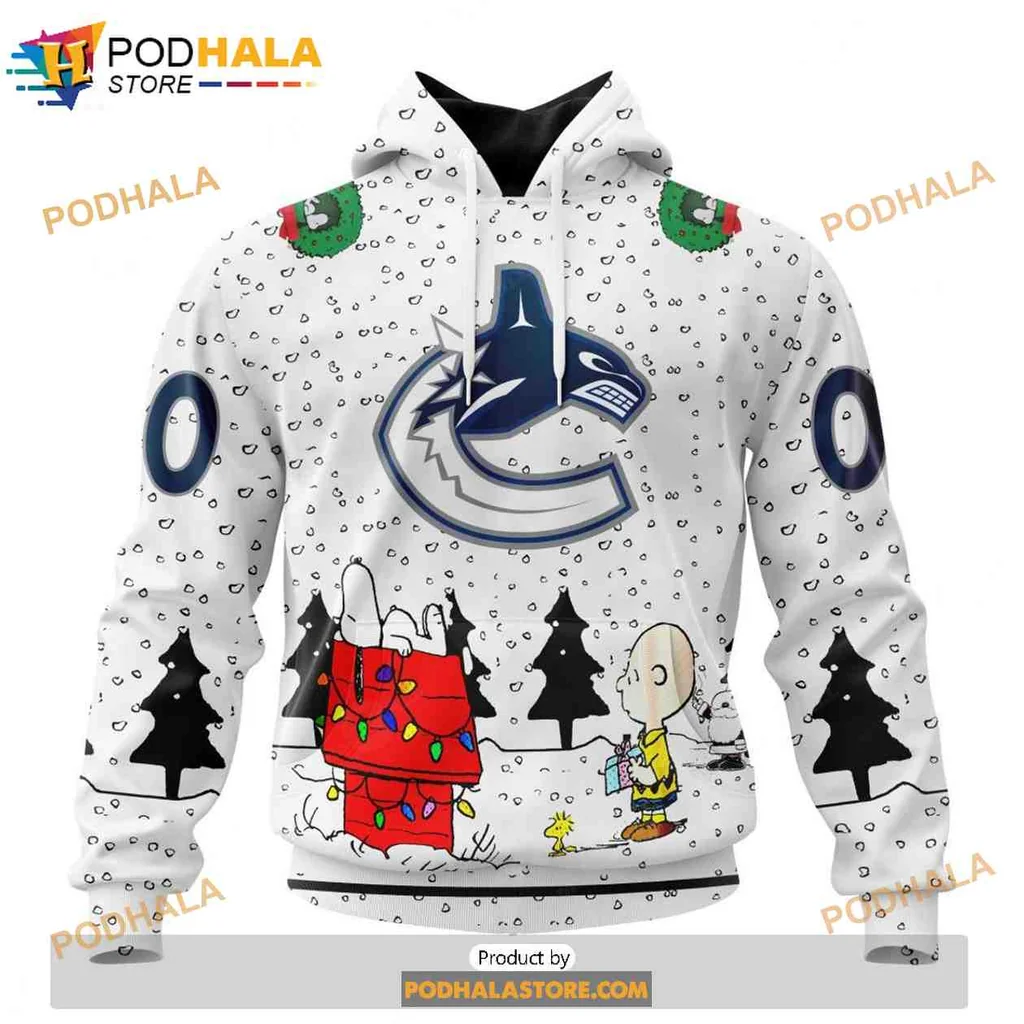 Festive Vancouver Canucks Peanuts Snoopy 3d Hoodie With Christmas Tree Design