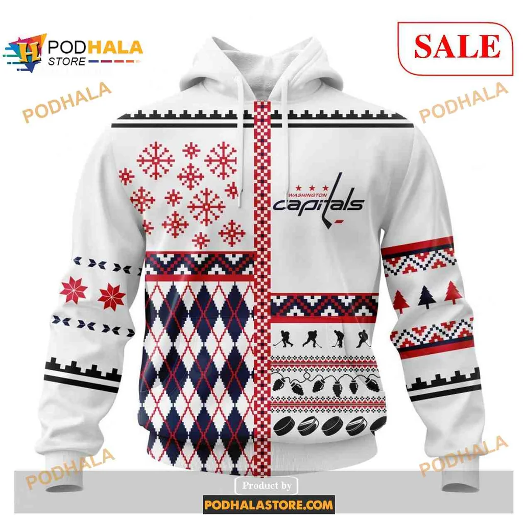 Festive Washington Capitals Christmas Hoodie With Holiday Patterns And Hockey Symbols