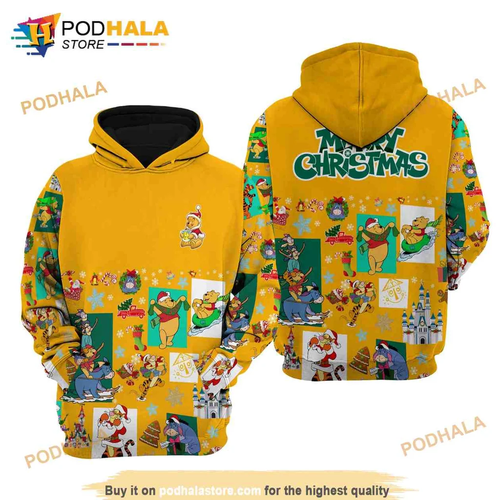 Festive Winnie The Pooh 3d Hoodie Featuring Merry Christmas Design