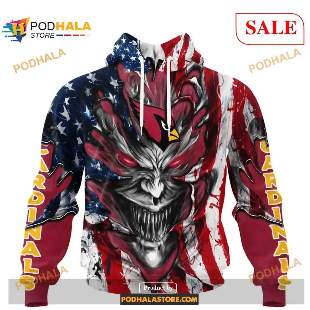 Fierce Arizona Cardinals Demon Face 3d Hoodie With American Flag Design
