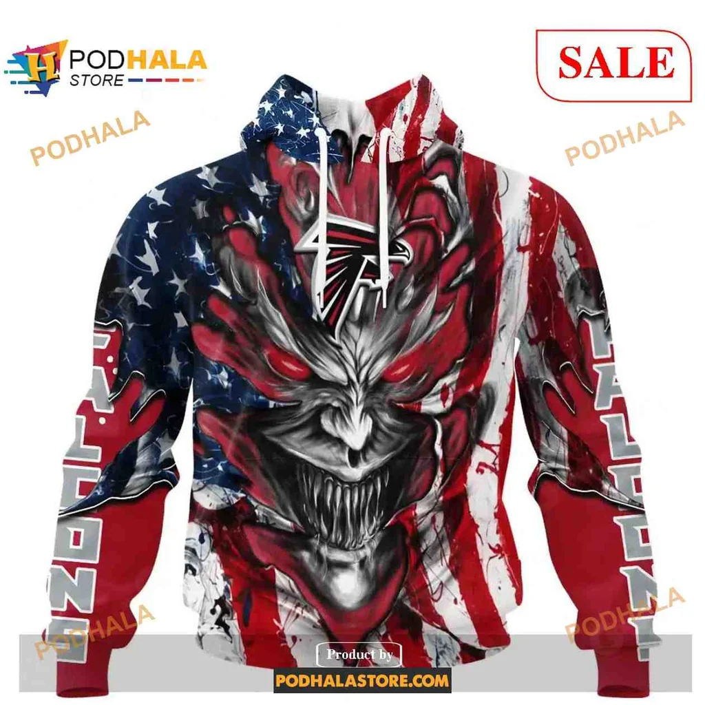 Fierce Atlanta Falcons Demon Face 3d Hoodie With American Flag Design