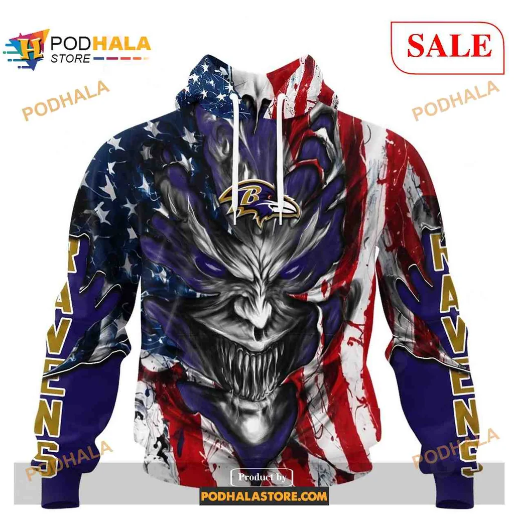 Fierce Baltimore Ravens Demon Face 3d Hoodie With American Flag Design