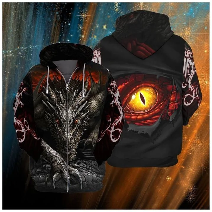 Fierce Black Dragon 3d Hoodie With Detailed Graphic And Glowing Eye
