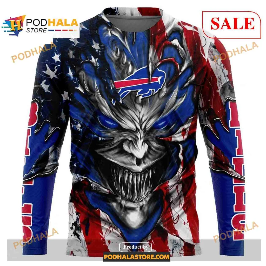 Fierce Buffalo Bills Demon Face Hoodie With American Flag Design