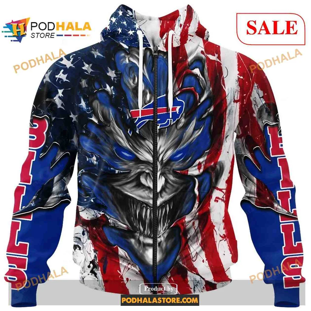 Fierce Buffalo Bills Demon Face Hoodie With American Flag Design - View 1 Fierce Buffalo Bills Demon Face Hoodie With American Flag Design - View 1