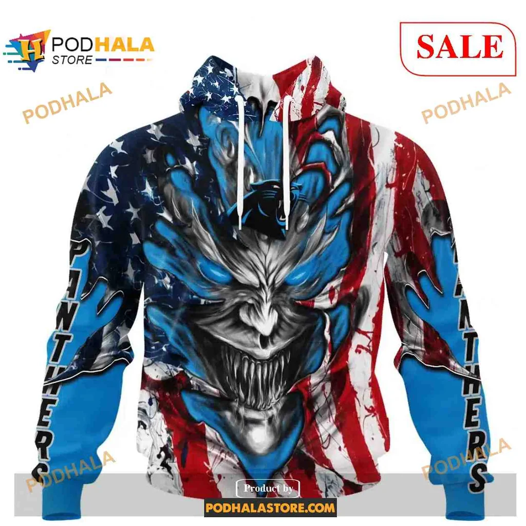 Fierce Carolina Panthers Demon Face 3d Hoodie With American Flag Design