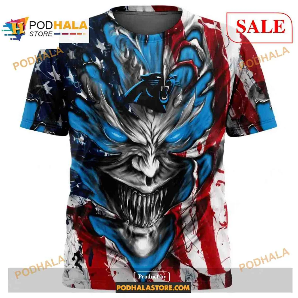Fierce Carolina Panthers Demon Face All Over Print Hoodie With American Flag Design Fierce Carolina Panthers Demon Face All Over Print Hoodie With American Flag Design