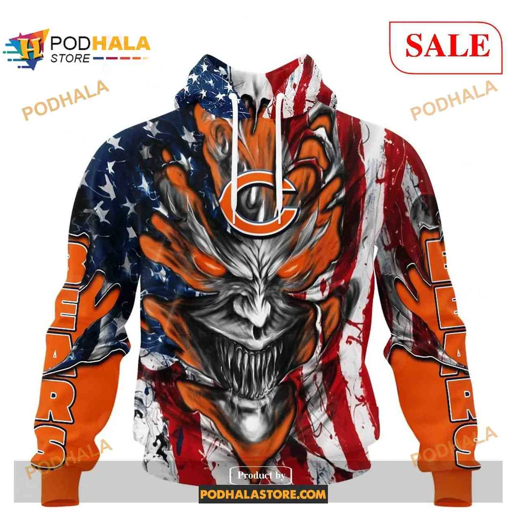 Fierce Chicago Bears Demon Face 3d Hoodie With American Flag Design