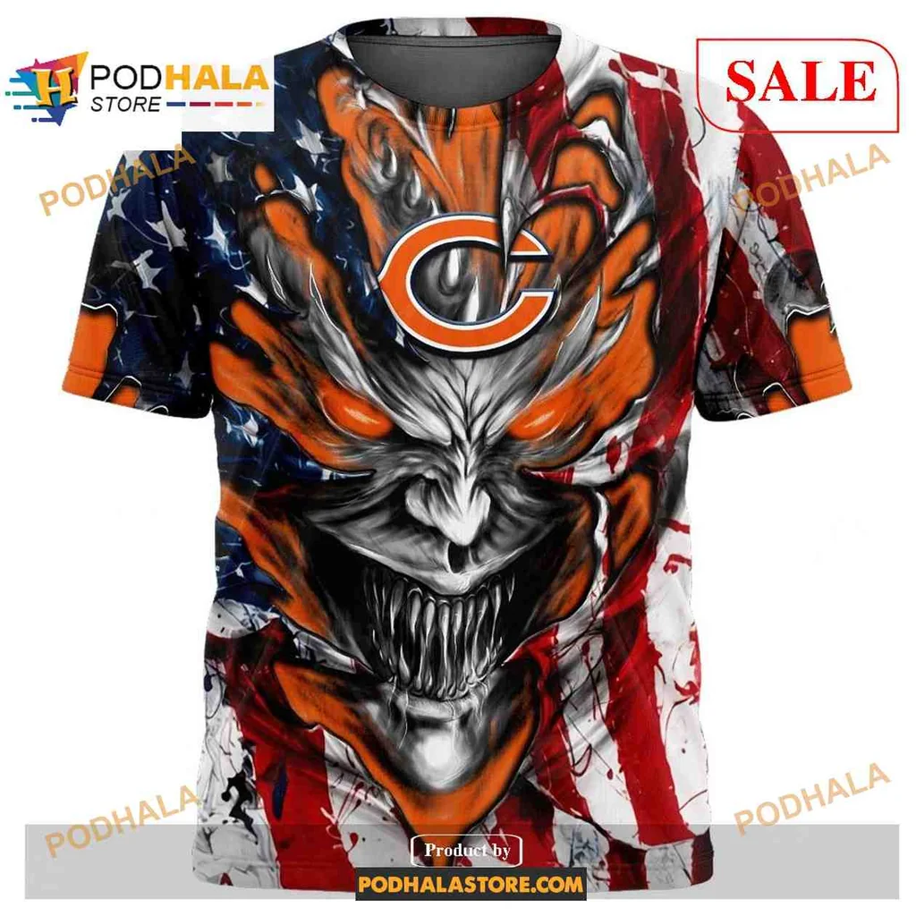 Fierce Chicago Bears Demon Face All Over Print Hoodie With American Flag Design Fierce Chicago Bears Demon Face All Over Print Hoodie With American Flag Design
