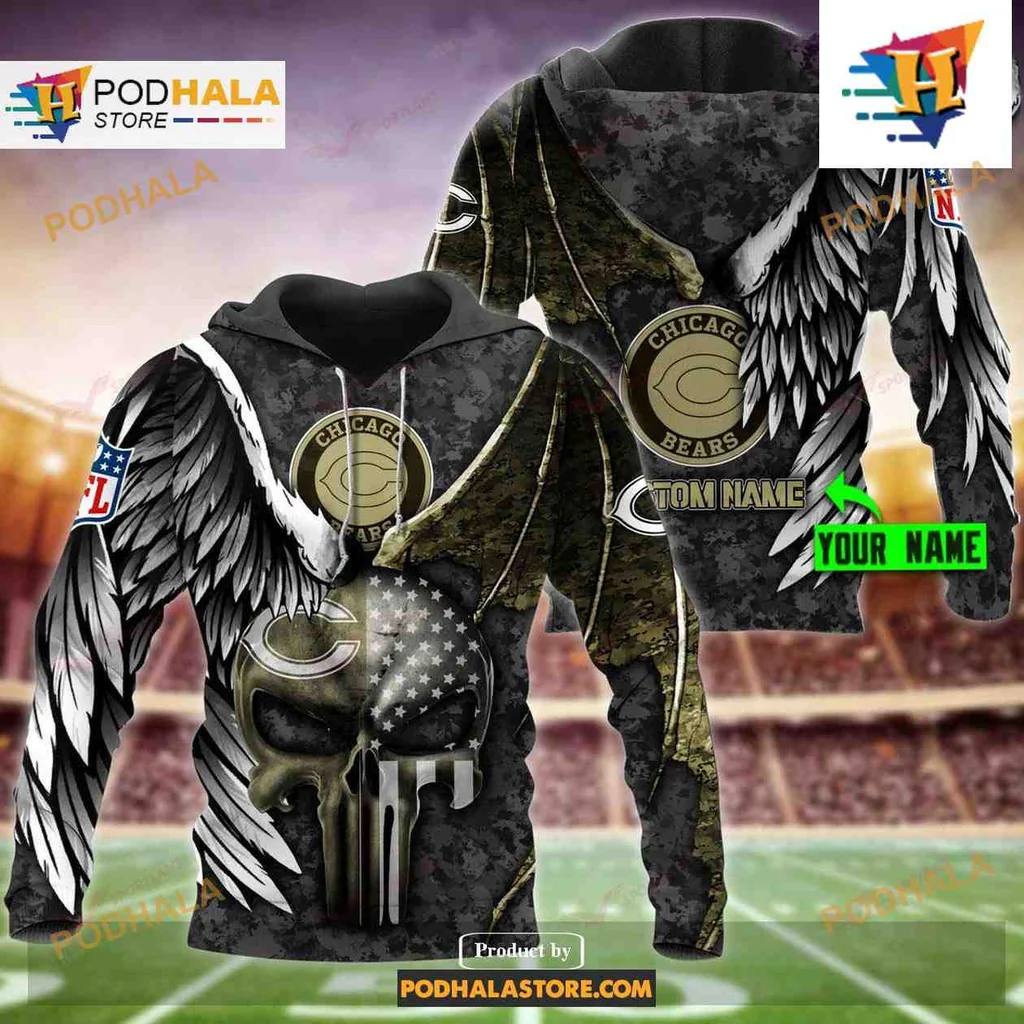Fierce Chicago Bears Eagle Skull 3d Hoodie With Custom Name Design