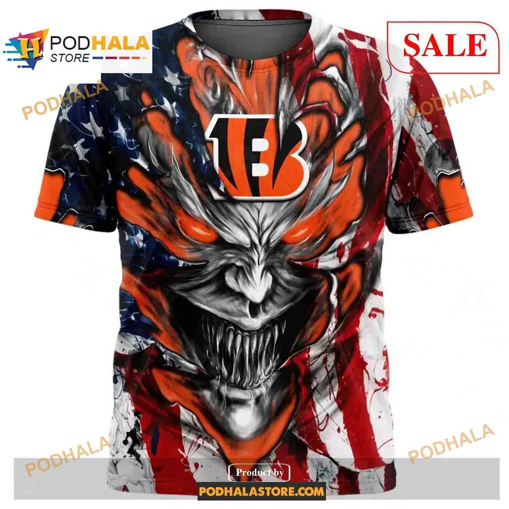Fierce Cincinnati Bengals Demon Face All Over Print Hoodie With American Flag Design Fierce Cincinnati Bengals Demon Face All Over Print Hoodie With American Flag Design