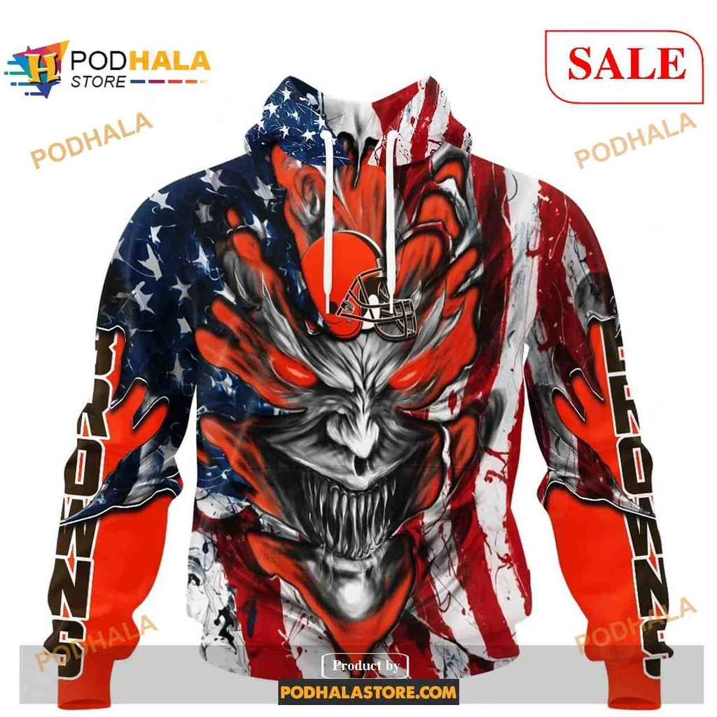 Fierce Cleveland Browns Demon Face 3d Hoodie With American Flag Design