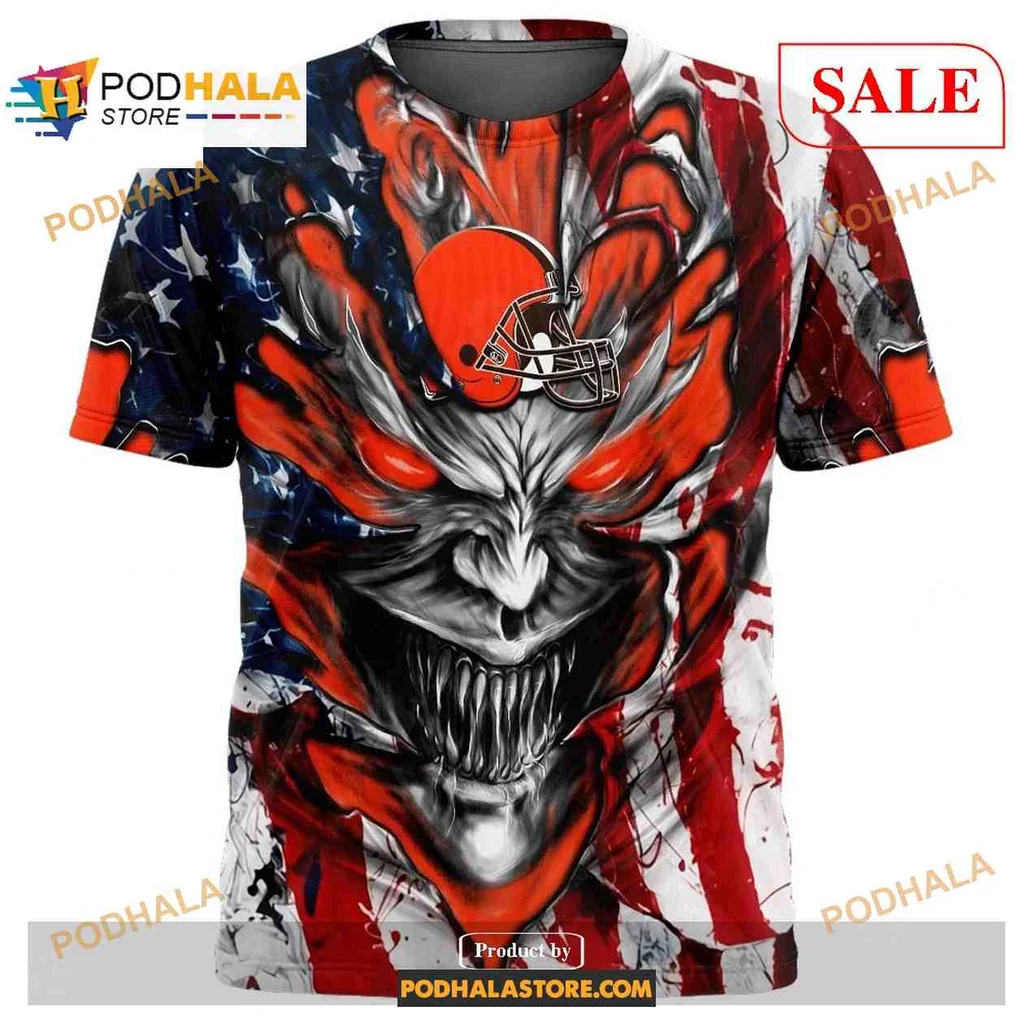 Fierce Cleveland Browns Demon Face All Over Print Hoodie With American Flag Design Fierce Cleveland Browns Demon Face All Over Print Hoodie With American Flag Design