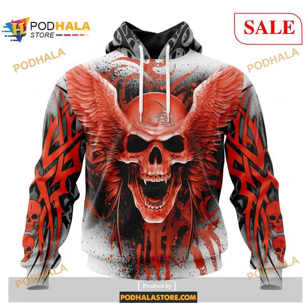 Fierce Cleveland Browns Skull 3d Hoodie With Wings And Tribal Patterns