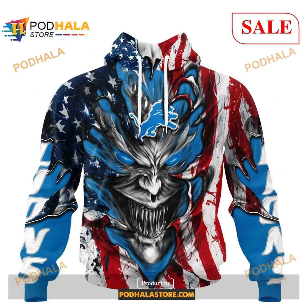 Fierce Detroit Lions Demon Face 3d Hoodie With American Flag Design