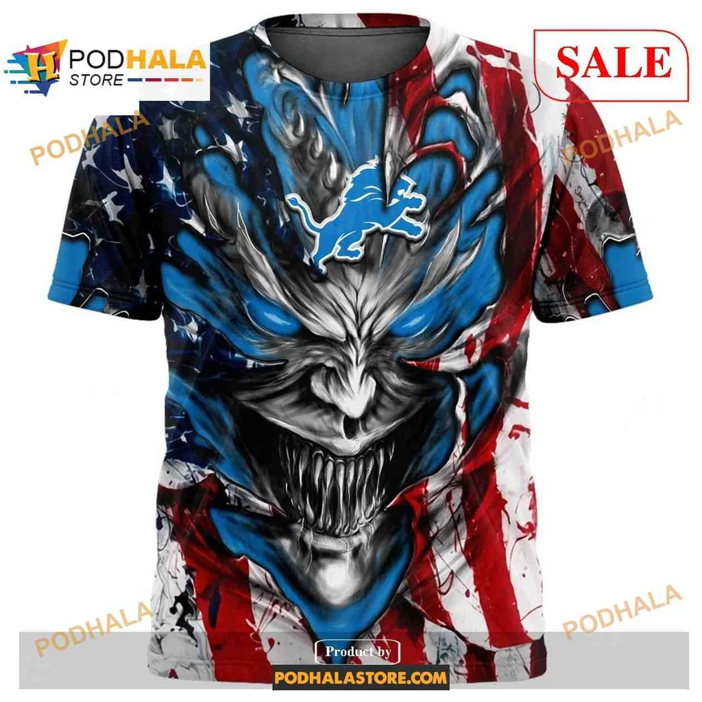 Fierce Detroit Lions Demon Face All Over Print Hoodie With American Flag Design Fierce Detroit Lions Demon Face All Over Print Hoodie With American Flag Design