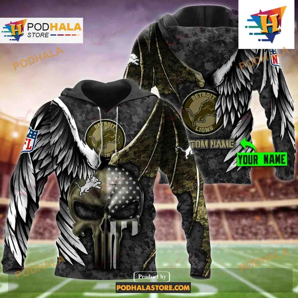 Fierce Detroit Lions Eagle Skull 3d Hoodie With American Flag Design