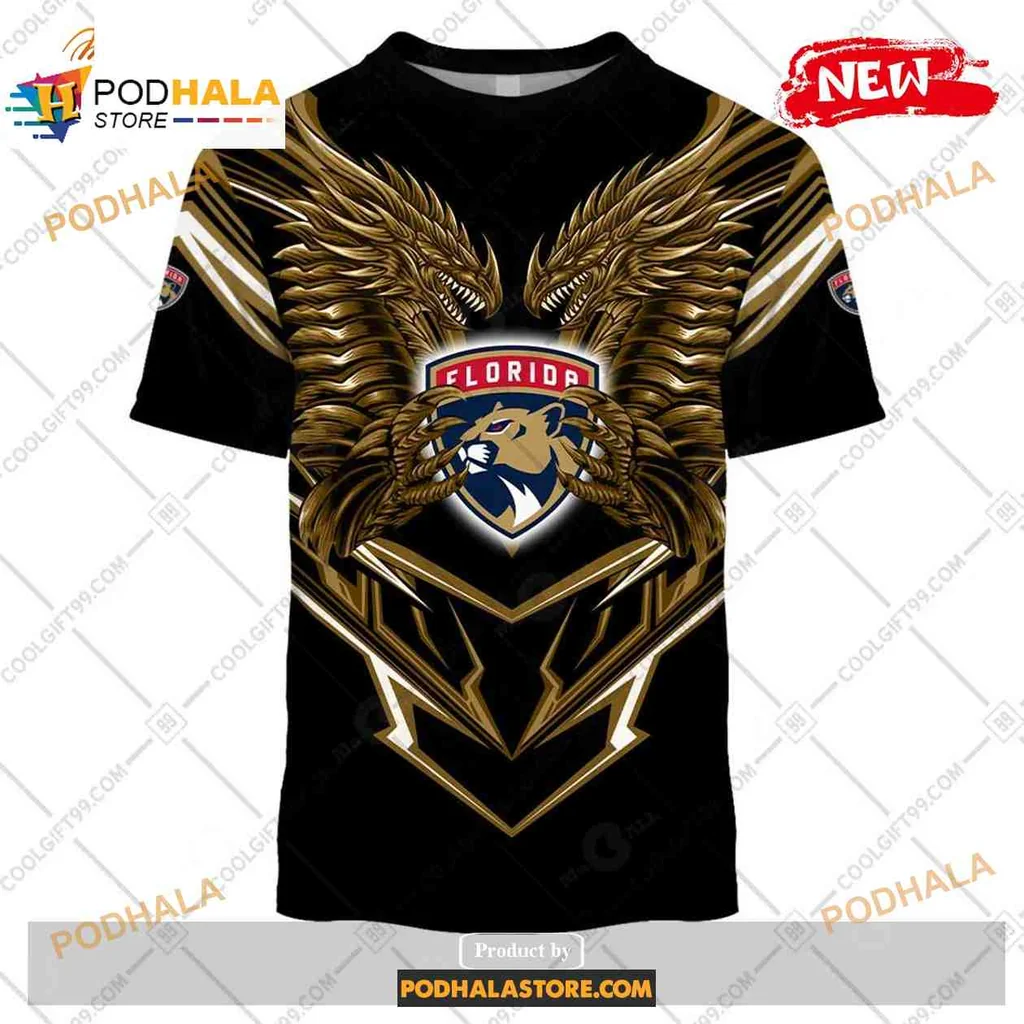 Fierce Florida Panthers Dragon All Over Print Hoodie With Bold Golden Wings Fierce Florida Panthers Dragon All Over Print Hoodie With Bold Golden Wings