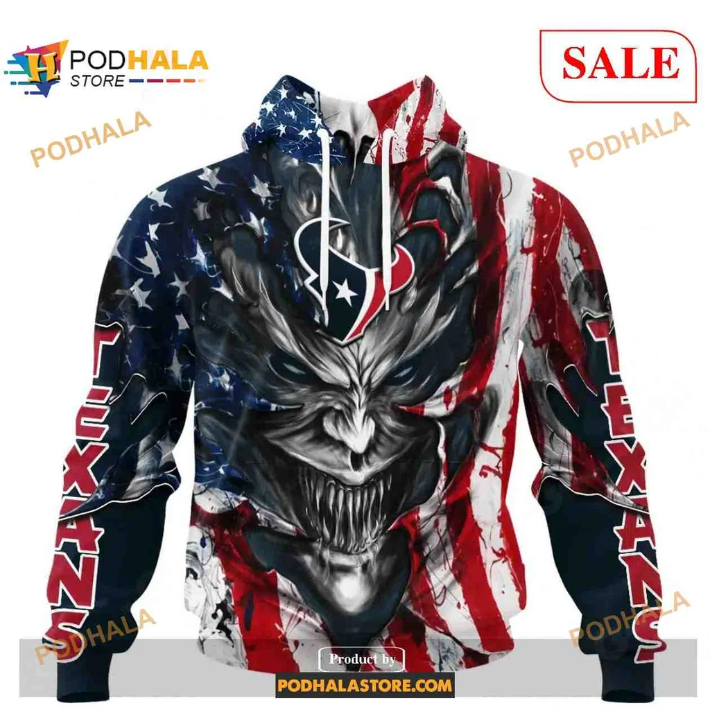 Fierce Houston Texans Demon Face 3d Hoodie With American Flag Design