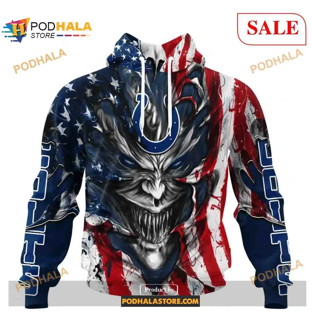 Fierce Indianapolis Colts Demon Face 3d Hoodie With American Flag Design