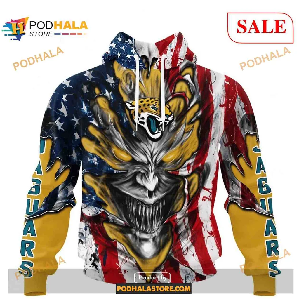Fierce Jacksonville Jaguars Demon Face 3d Hoodie With American Flag Design