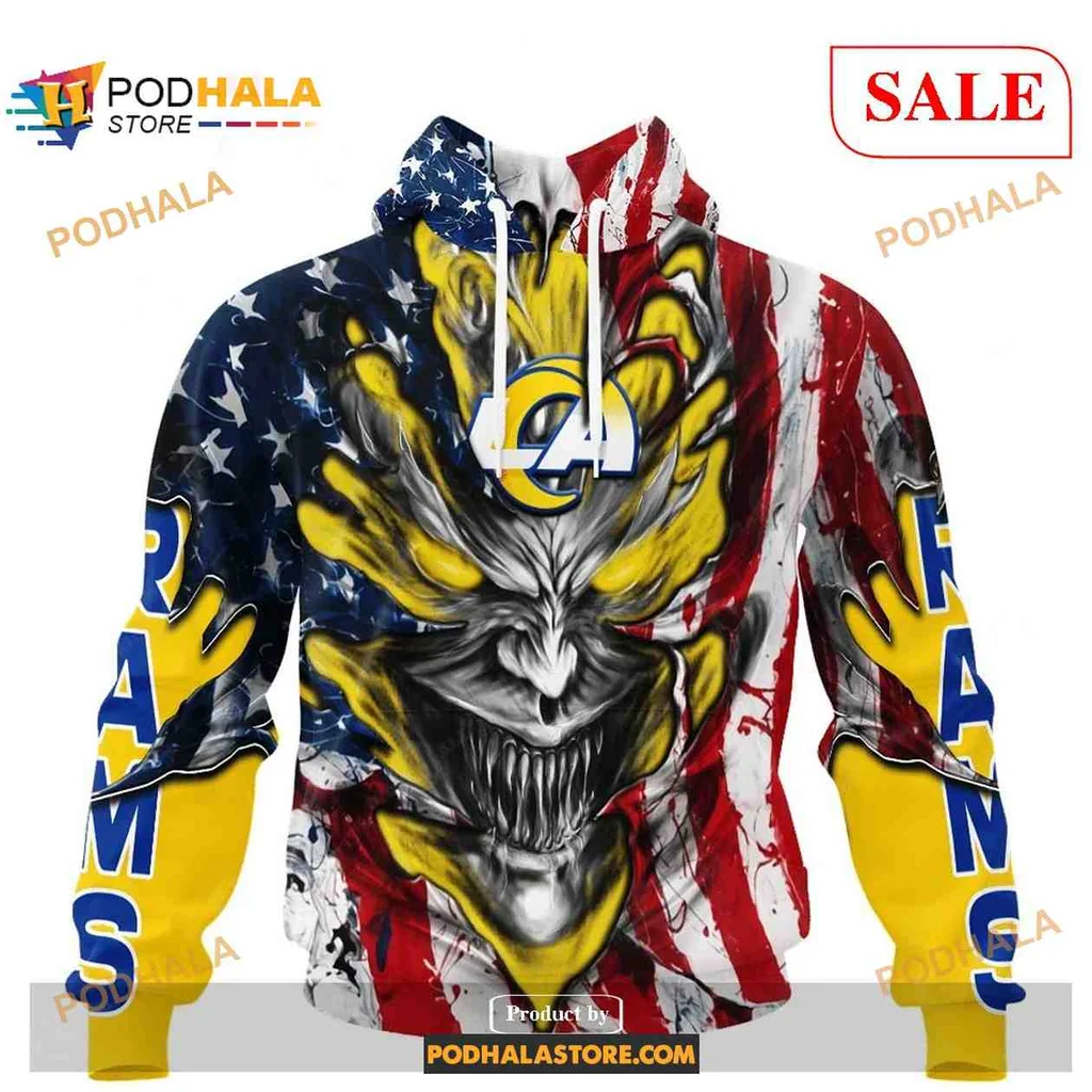 Fierce Los Angeles Rams Demon Face Hoodie With American Flag Design