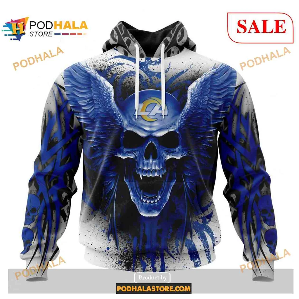 Fierce Los Angeles Rams Skull 3d Hoodie With Blue Wings Design