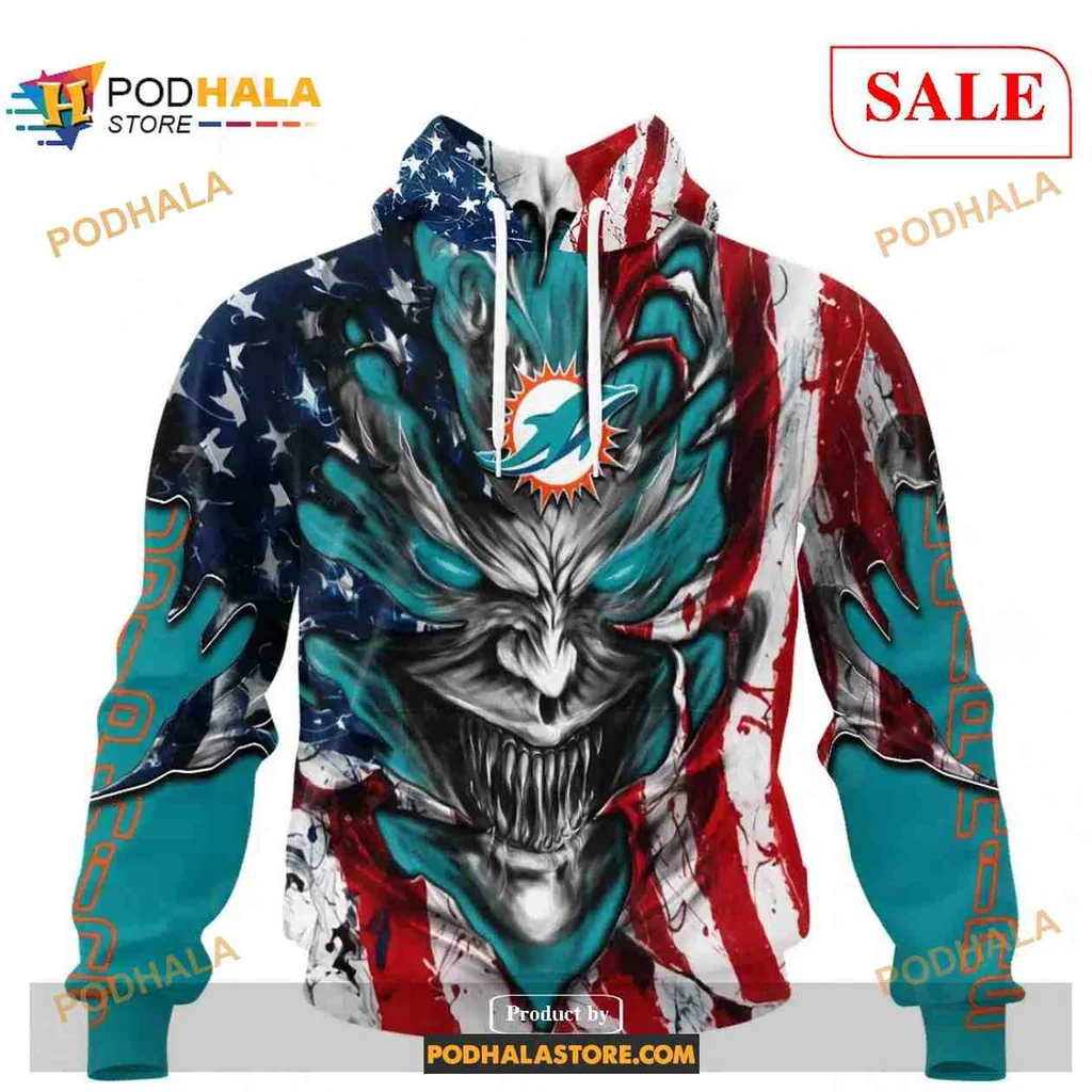 Fierce Miami Dolphins Demon Face 3d Hoodie With American Flag Design