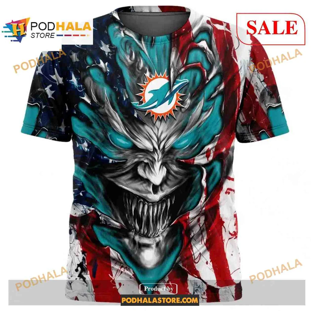 Fierce Miami Dolphins Demon Face All Over Print Hoodie With American Flag Design Fierce Miami Dolphins Demon Face All Over Print Hoodie With American Flag Design
