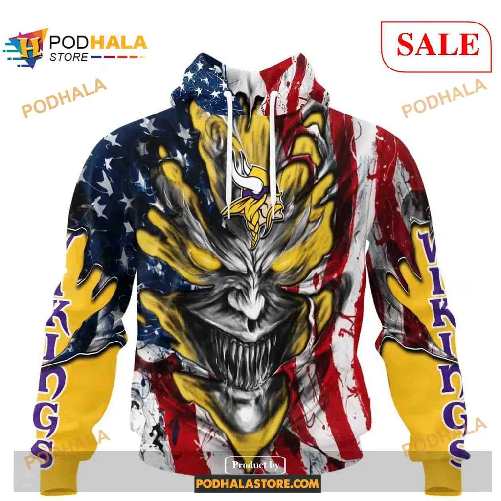Fierce Minnesota Vikings Demon Face 3d Hoodie With American Flag Design