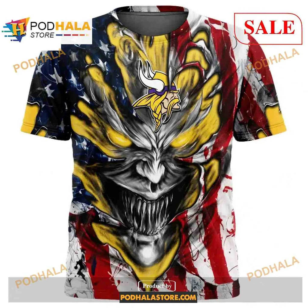 Fierce Minnesota Vikings Demon Face All Over Print Hoodie With American Flag Design Fierce Minnesota Vikings Demon Face All Over Print Hoodie With American Flag Design