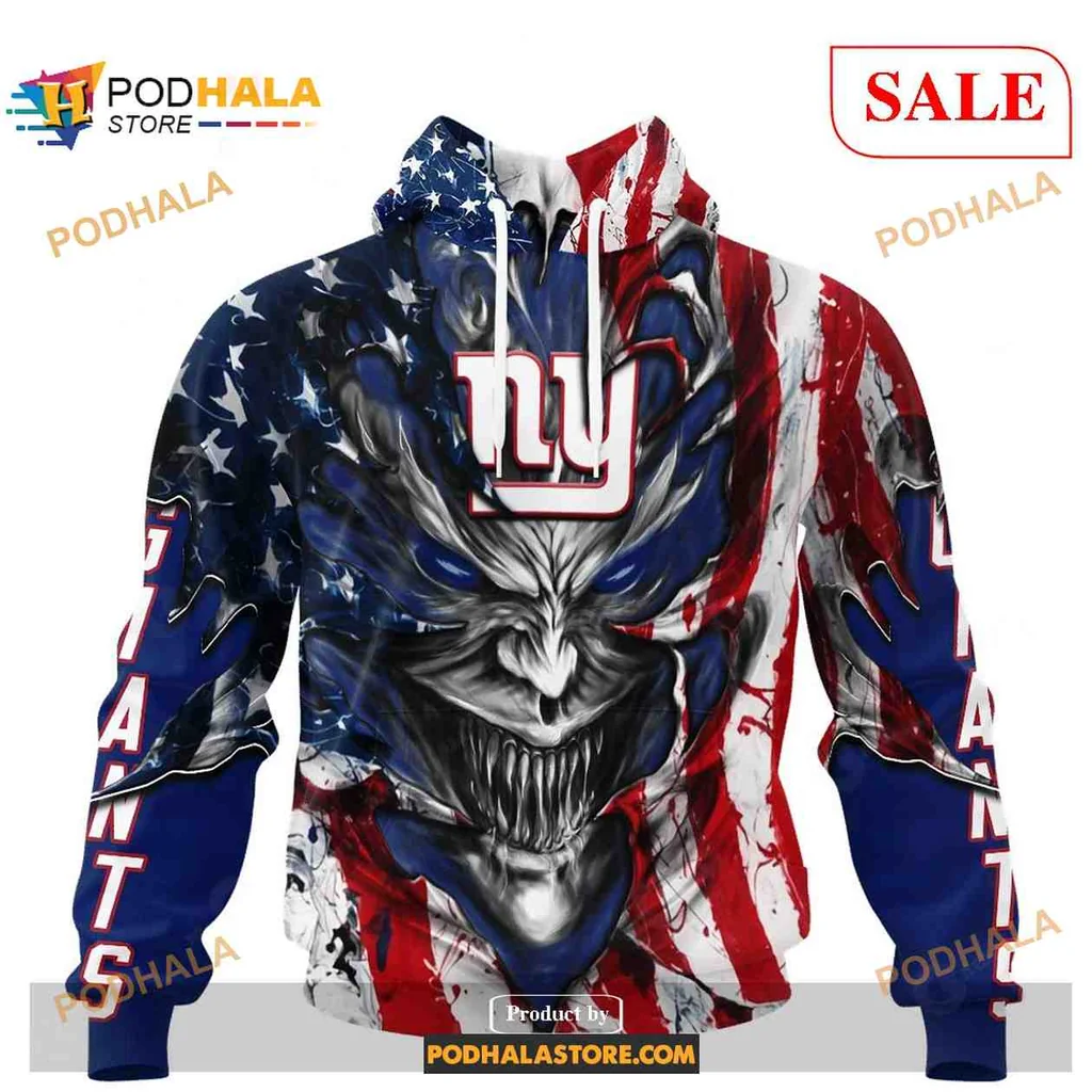 Fierce New York Giants Demon Face Hoodie With American Flag Design