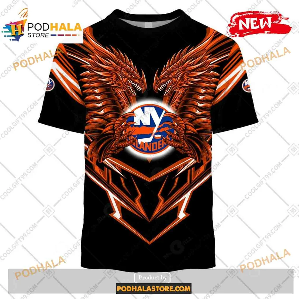 Fierce New York Islanders Dragon Hoodie With Bold Wings Design - View 1 Fierce New York Islanders Dragon Hoodie With Bold Wings Design - View 1