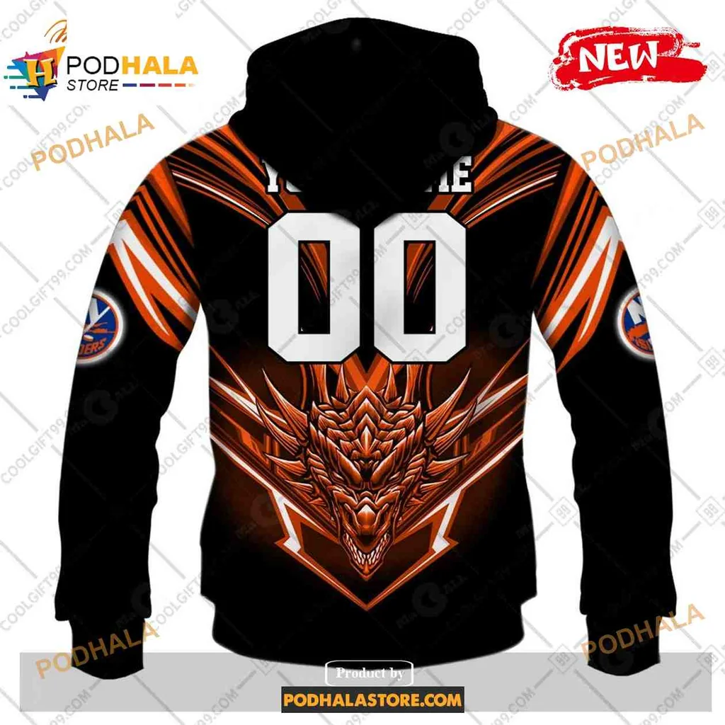 Fierce New York Islanders Dragon Hoodie With Bold Wings Design - View 2 Fierce New York Islanders Dragon Hoodie With Bold Wings Design - View 2