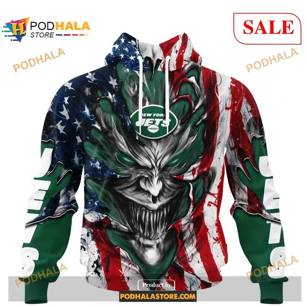 Fierce New York Jets Demon Face Hoodie Featuring American Flag Design