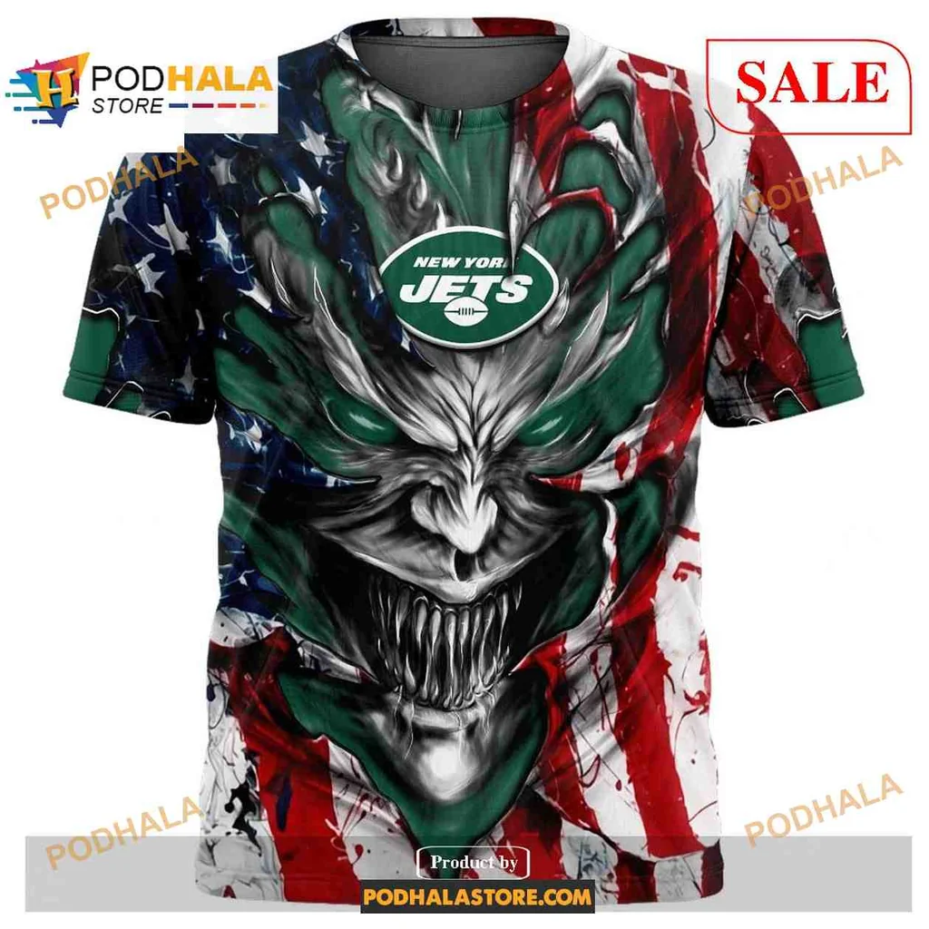 Fierce New York Jets Demon Face Hoodie Featuring American Flag Design - View 1 Fierce New York Jets Demon Face Hoodie Featuring American Flag Design - View 1