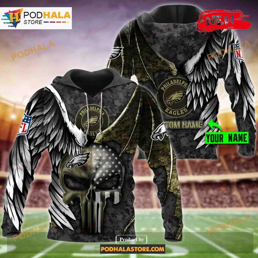 Fierce Philadelphia Eagles Skull 3d Hoodie With Eagle Wings And American Flag