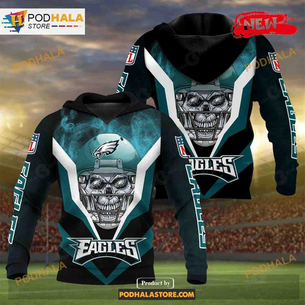 Fierce Philadelphia Eagles Skull 3d Hoodie With Menacing Helmet Design