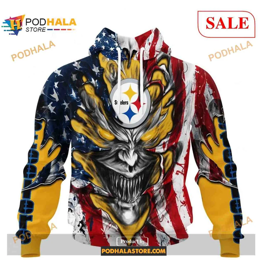 Fierce Pittsburgh Steelers Demon Face 3d Hoodie With American Flag Design