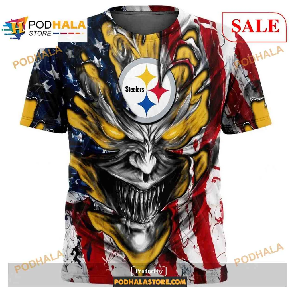 Fierce Pittsburgh Steelers Demon Face All Over Print Hoodie With American Flag Design Fierce Pittsburgh Steelers Demon Face All Over Print Hoodie With American Flag Design
