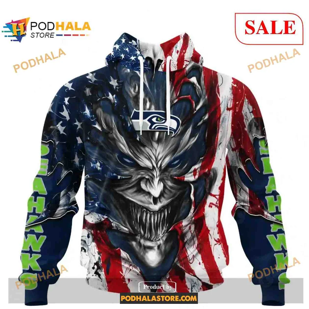 Fierce Seattle Seahawks Demon Face 3d Hoodie With American Flag Design