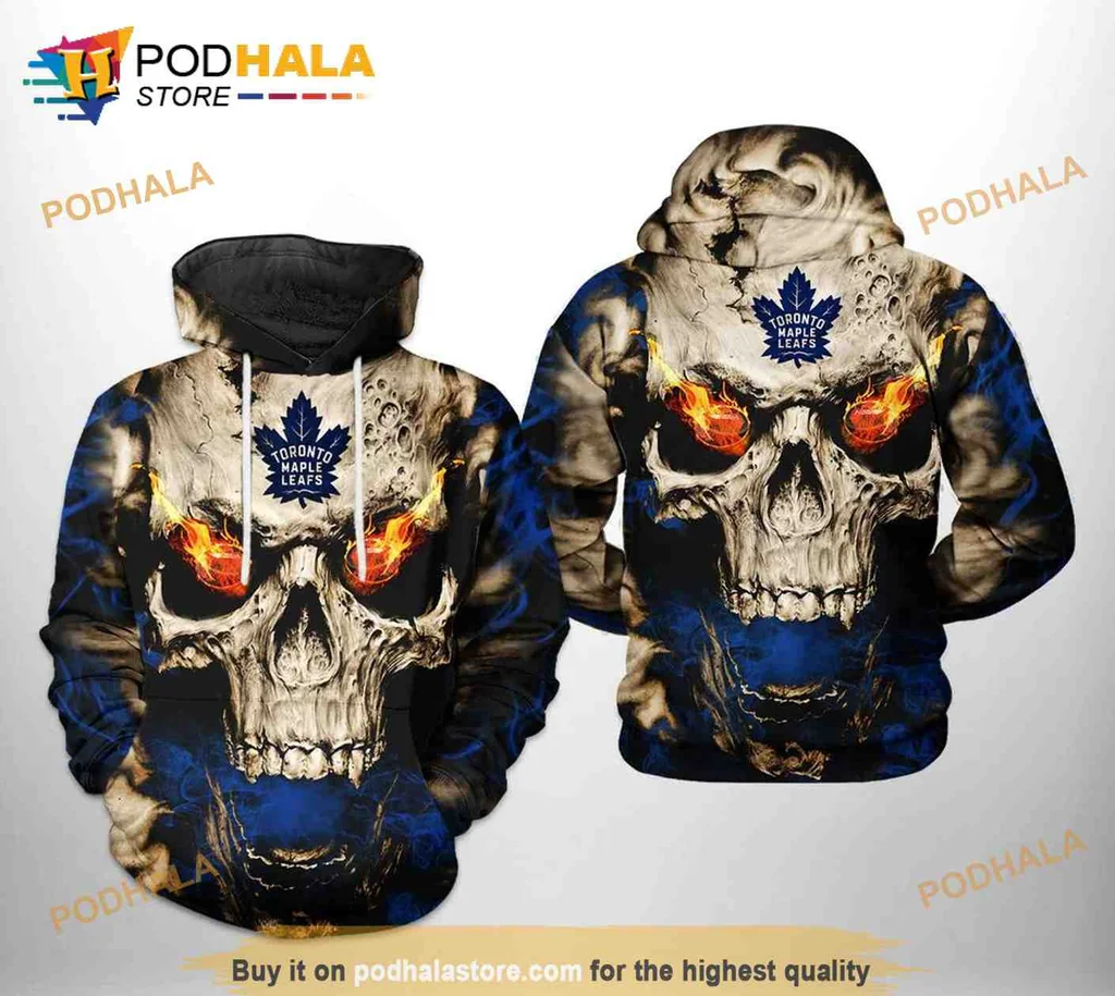 Fierce Toronto Maple Leafs Skull 3d Hoodie With Fiery Eyes