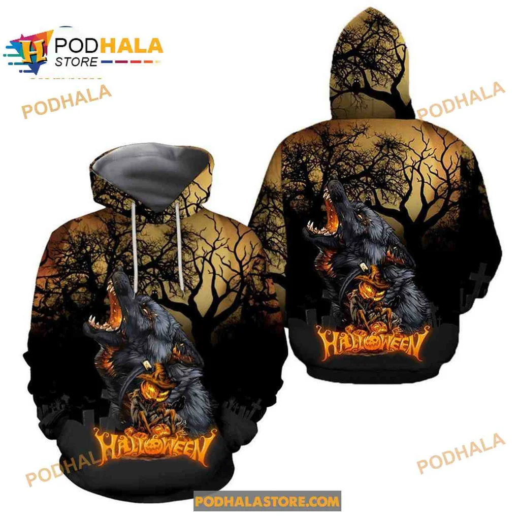 Fierce Wolf Halloween 3d Hoodie With Howling Design And Carved Pumpkin