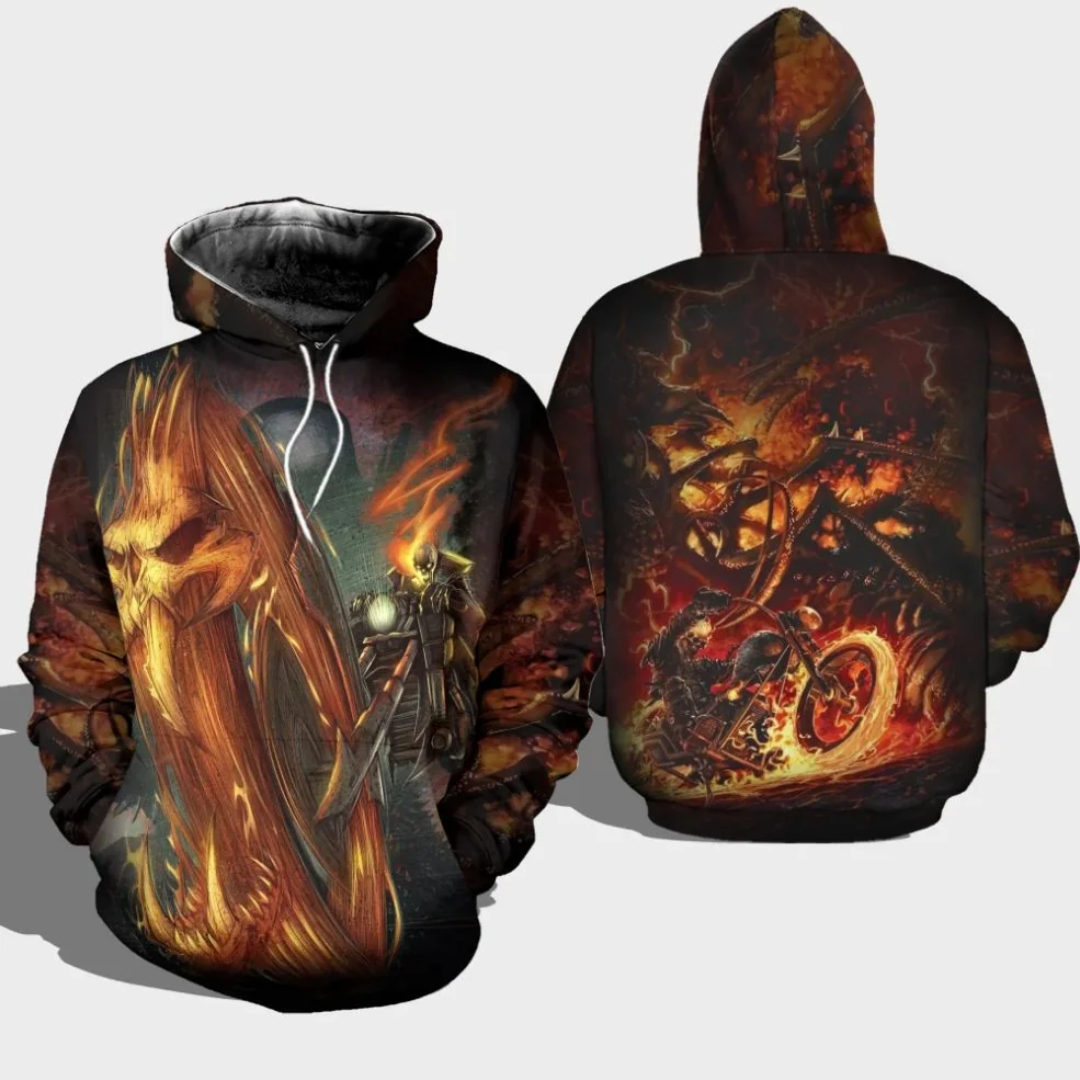 Fiery Biker Skeleton Motorcycle 3d Hoodie With Intense Graphic Design
